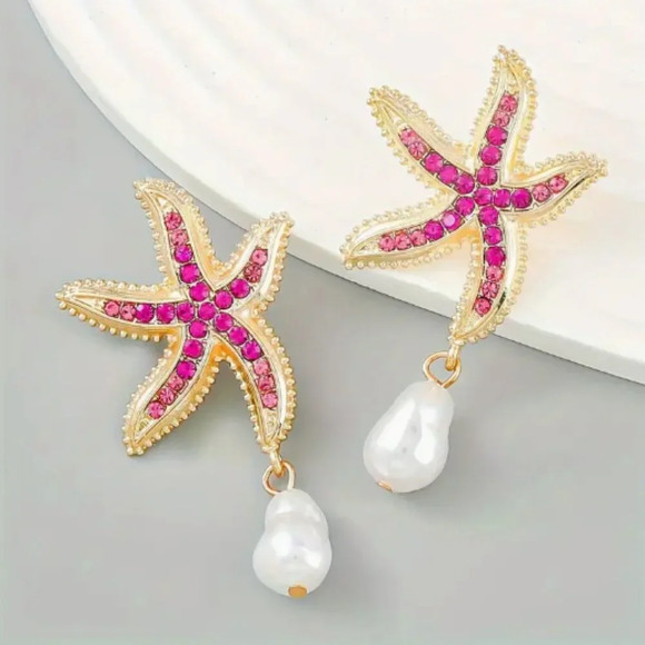 Gold plated Starfish & PinkRhinestones earrings with faux pearl drops - Picture 1 of 1